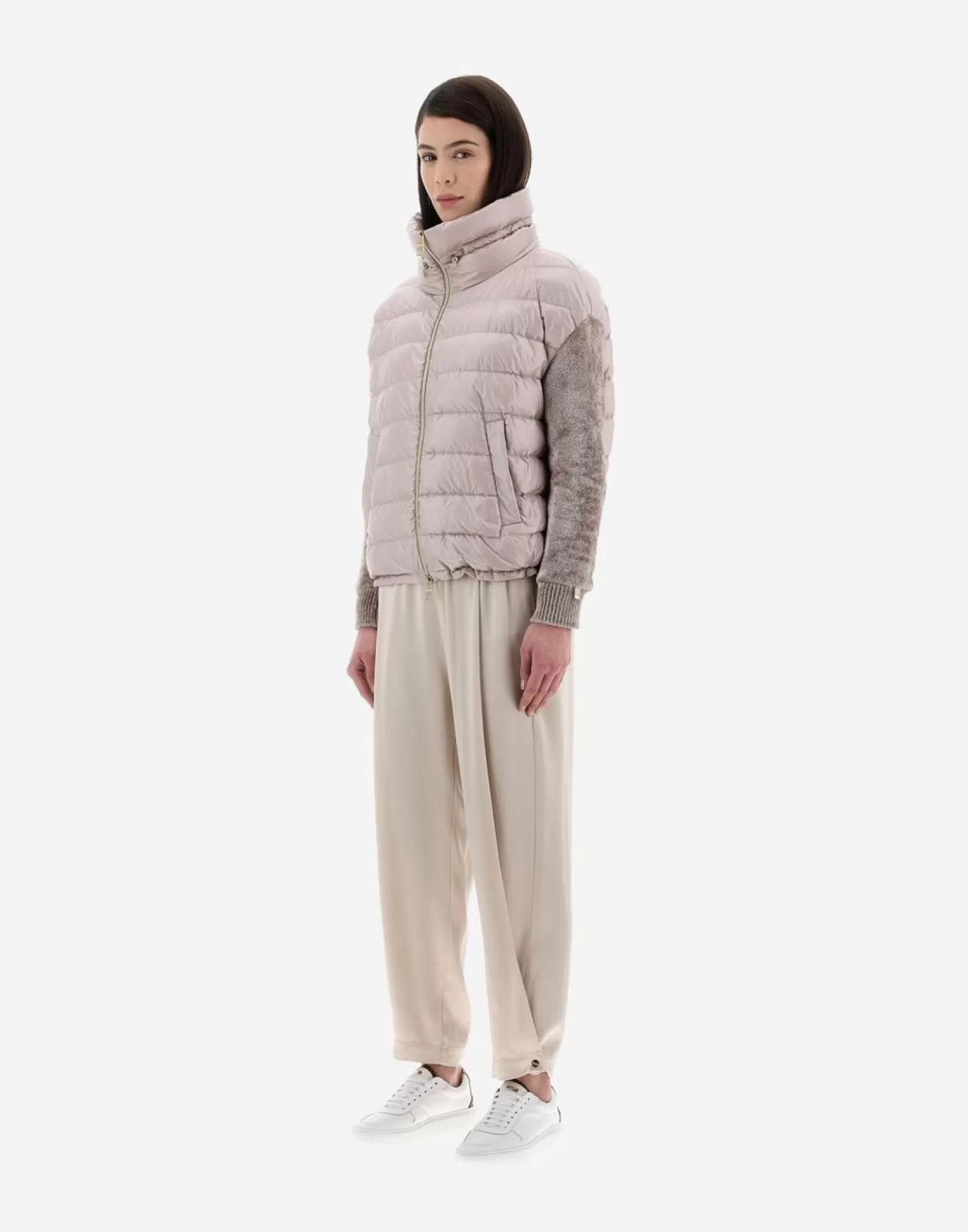 Herno Bomber>Resort Bomber Jacket In Nylon Ultralight & Chenille Knit Ice