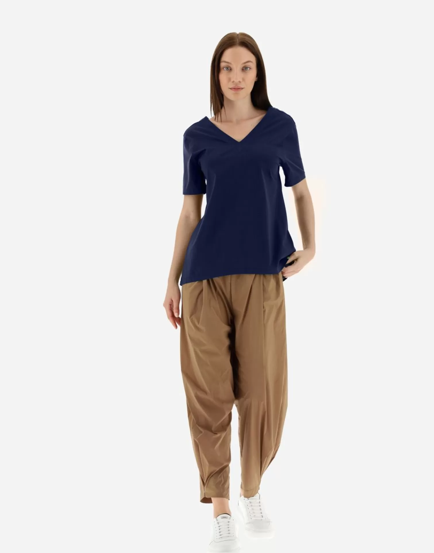 Herno T-Shirts>V-Neck T-Shirt In Chic Cotton Jersey & New Techno Taffeta Navy Blue