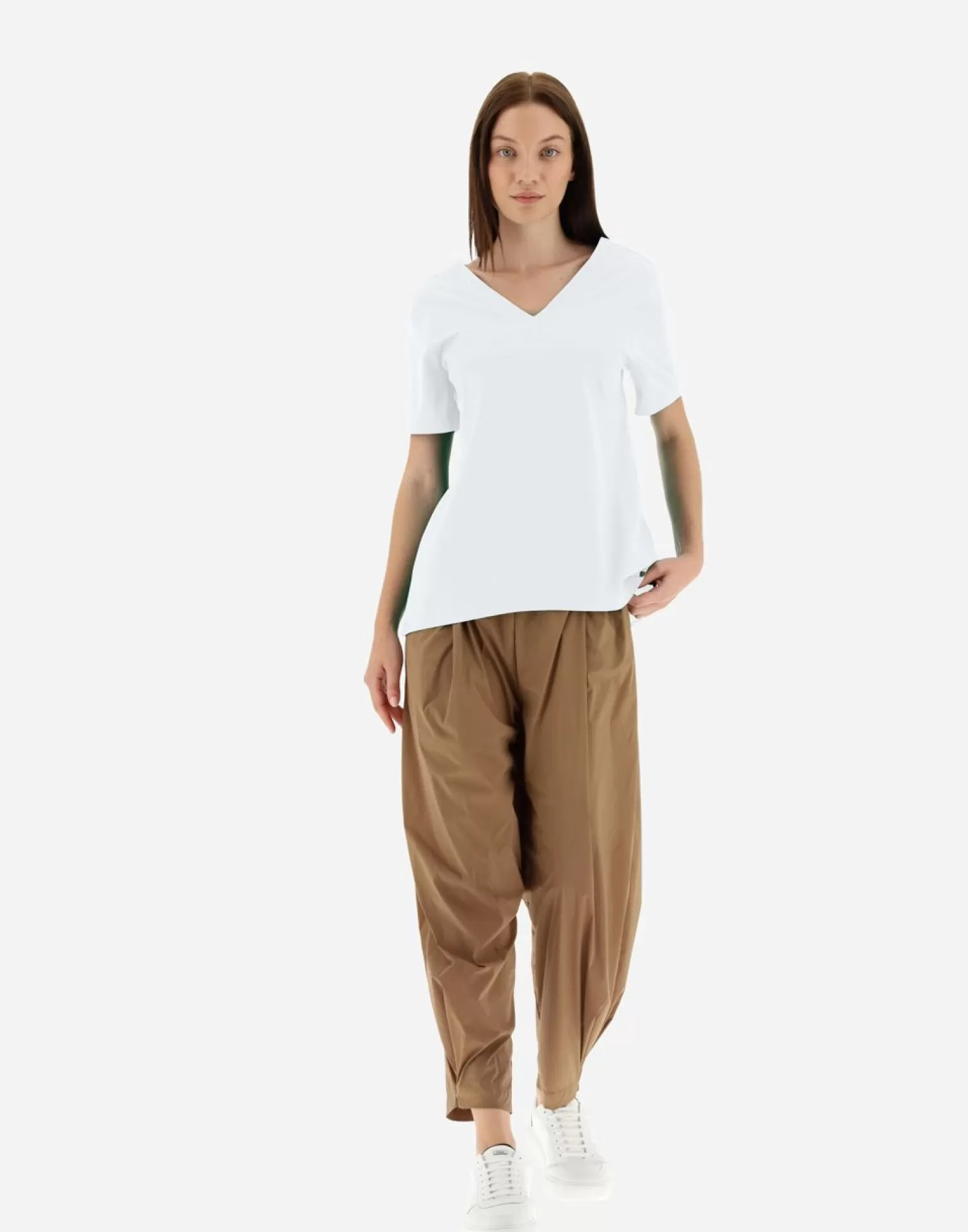 Herno T-Shirts>V-Neck T-Shirt In Chic Cotton Jersey & New Techno Taffeta White